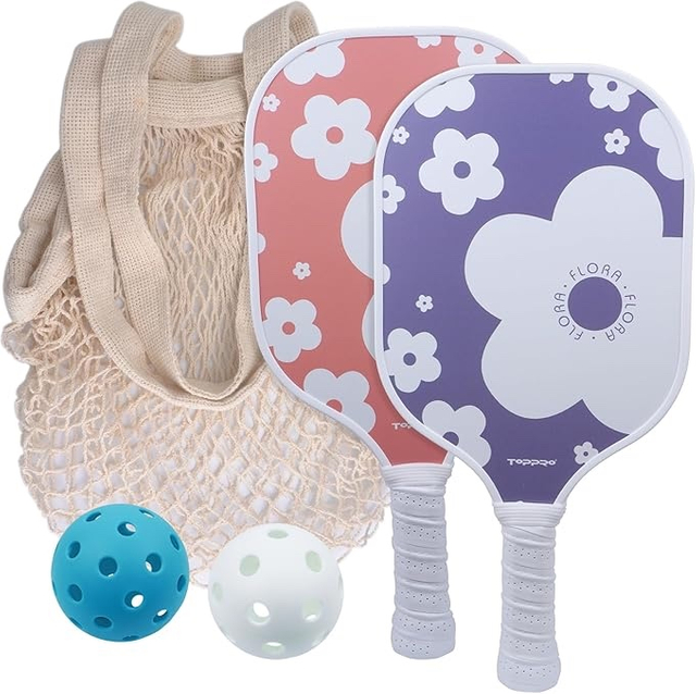 TOPPRO Pickleball Paddle Set of 2 – Lightweight Fiberglass Rackets with Polymer Honeycomb Core, Indoor & Outdoor Balls & Carry Bag (Pink & Purple)