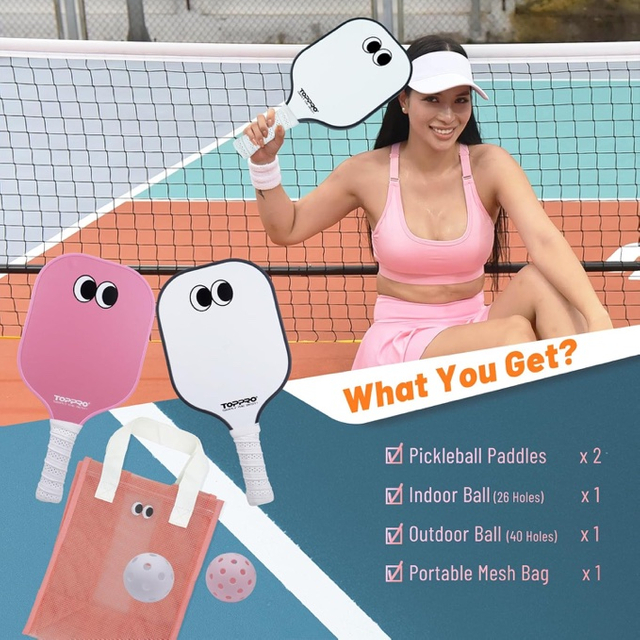 TOPPRO Googly-Eyes Fiberglass Pickleball Set(Pink& White)