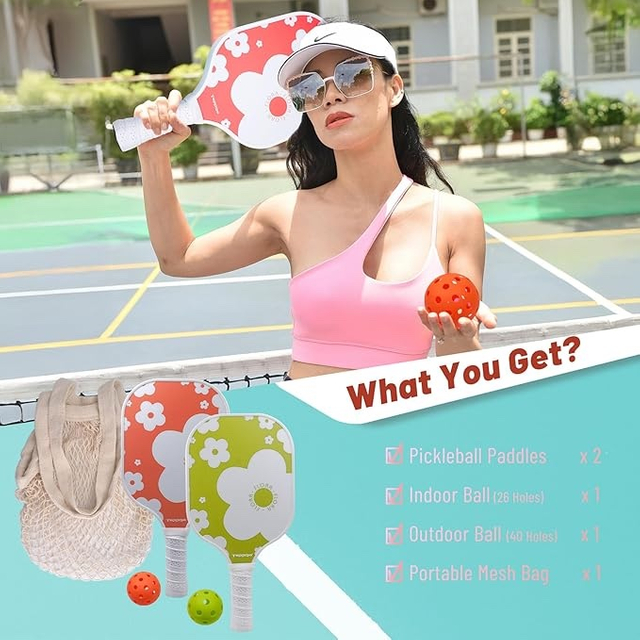 TOPPRO Pickleball Paddle Set of 2 with Balls & Bag(Orange & Green)