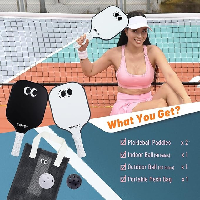 TOPPRO Googly-Eyes Pickleball Set - Pro Fiberglass Duo (Black & White)